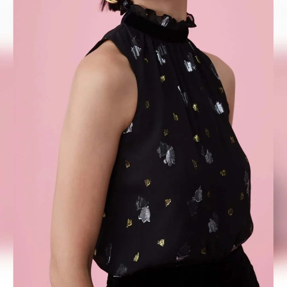 NWT Rebecca Taylor Silk Blouse Sleeveless Scattered Tulups Top Gold Silver Foil - Picture 2 of 8